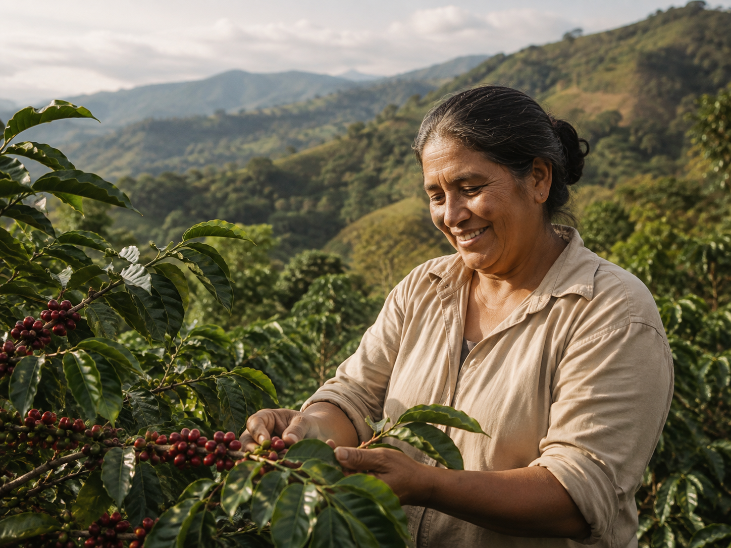 Koffiebessen en koffieproducent in een koffieproducerende regio